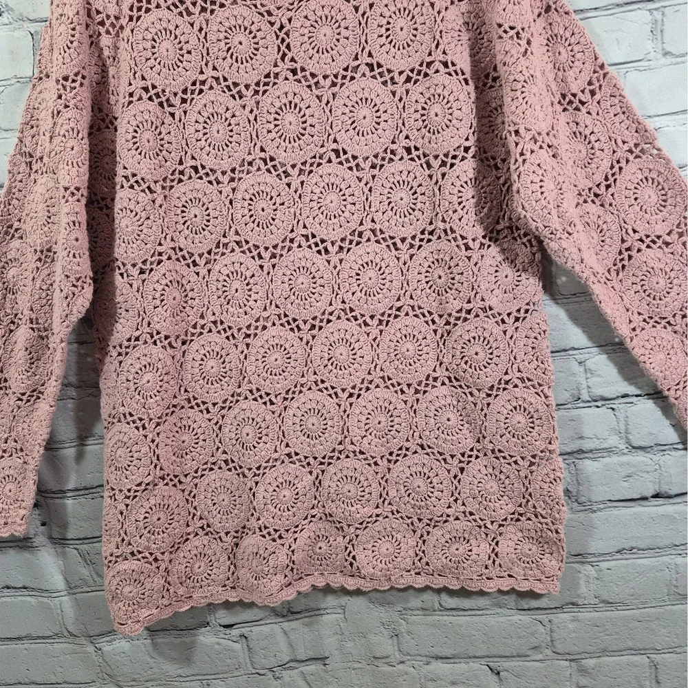 Vintage Crochet Sweater Womens L Blush Pink Mandala Coquette Coastal Pullover